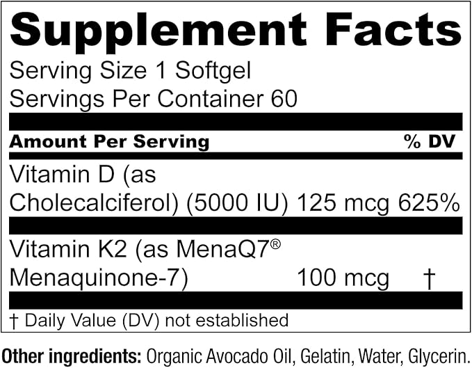 Live Conscious Vitamin K2 MK7 D3 Supplement D3 5000 5000 IU 60 Softgels