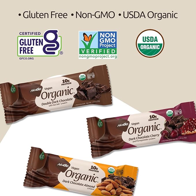 Nugo Organic Dark Chocolate Almond, 10g Vegan Protein, Gluten Free, 24 count