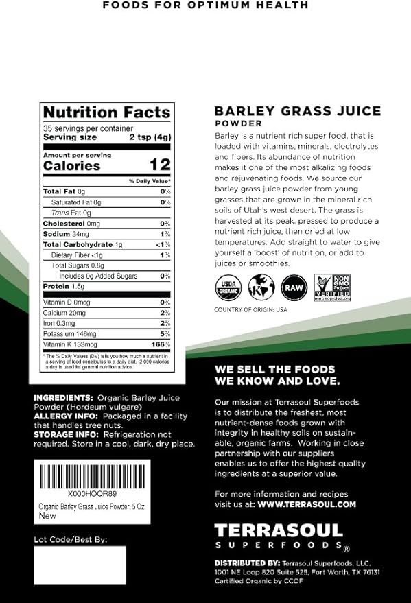Terrasoul Superfoods Organic Barley Grass Juice Powder, 5 Oz - USA Grown | Made From Concentrated Juice | Superior to Barley Grass