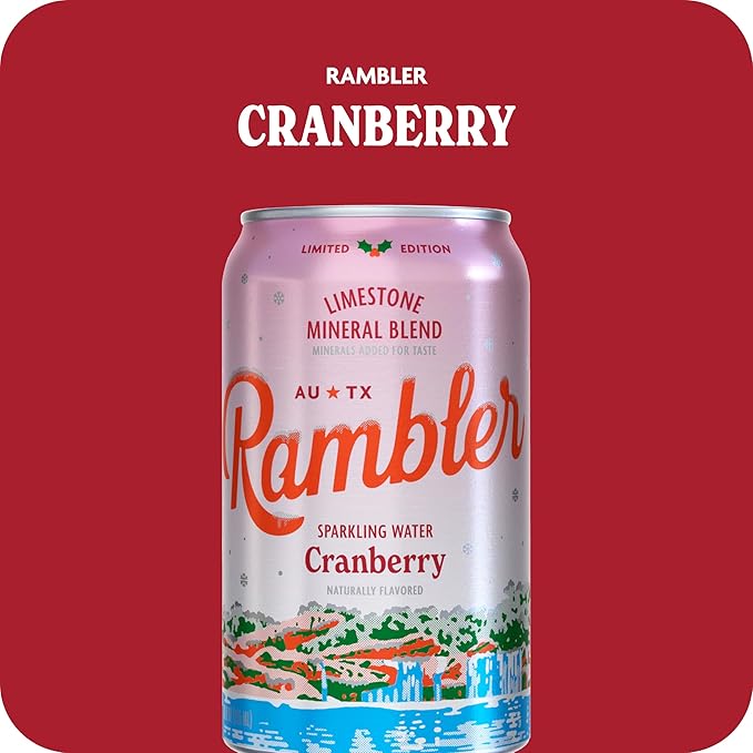 AUTX RAMBLER Sparkling Water, Limestone Mineral Blend, Cranberry Flavor, Limited Edition, 12 oz, Three 8-Packs (24 cans)