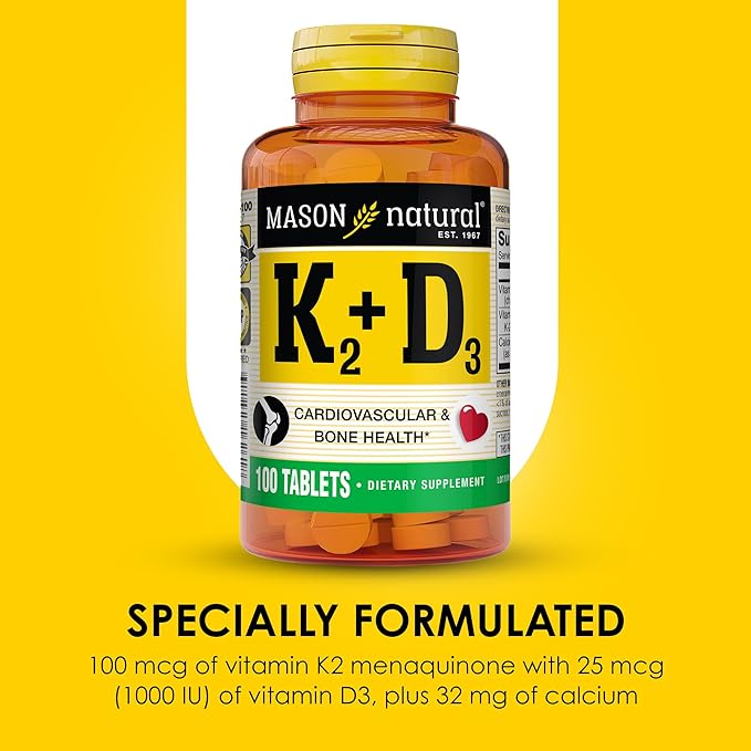 MASON NATURAL Vitamin K2 + D3, 300-Day Supply, with Calcium for Normal Bone and Muscle Support, 100 Tablets (Pack of 3)