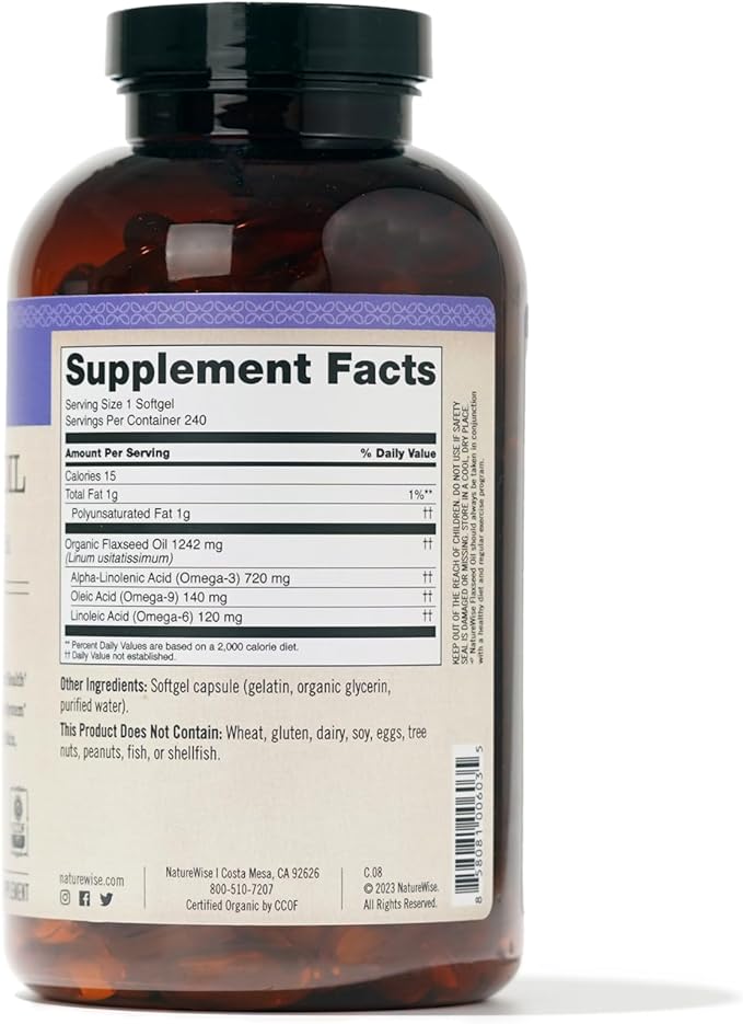 NatureWise Flaxseed Oil 1200mg Softgels 720mg ALA, 3 6 6 9, 9, Supplement 240 Softgels[4-Month Softgels[4-Month Supply]