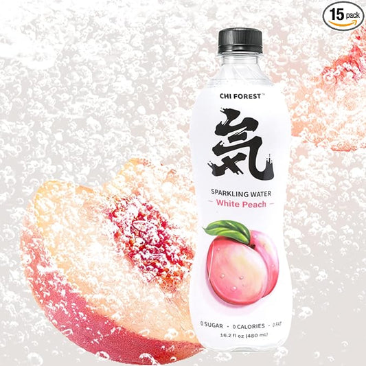 CHI FOREST Sparkling Water, White Peach Flavored Bubbly Sparling Water in Bottle, 0 Sugar and 0 Calories Carbonated Water, 16.2 Fl oz(480ml), Pack of 15