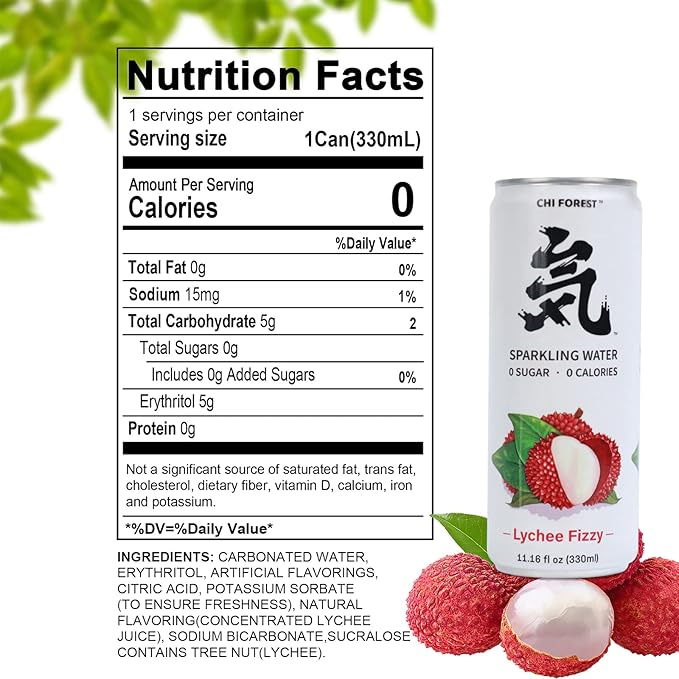 Chi Forest Sparkling Water,Caffeine free,Gluten free,Vegan,0 sugar,0 calories,Lychee Fizzy Flavor,11.16 Fl oz,24 Cans
