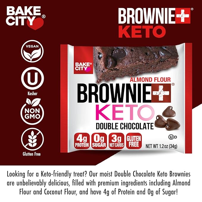 Bake City Brownie+ Keto | 1.2oz Brownie (12 pack), Gluten Free, 0g Sugar, Only 3g Net Carbs, Good Fats, 4g Protein, Kosher, No Artificial Ingredients
