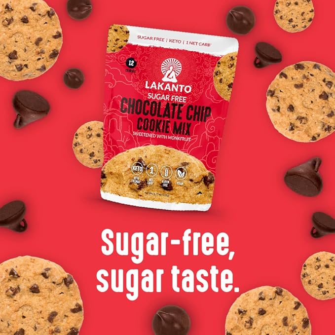 Lakanto Sugar Free Chocolate Chip Cookie Mix - Sweetened with Monk Fruit Sweetener, Gluten Free, Keto Diet Friendly, Vegan, 2g Net Carb, Almond Flour, Sea Salt (12 Cookies)