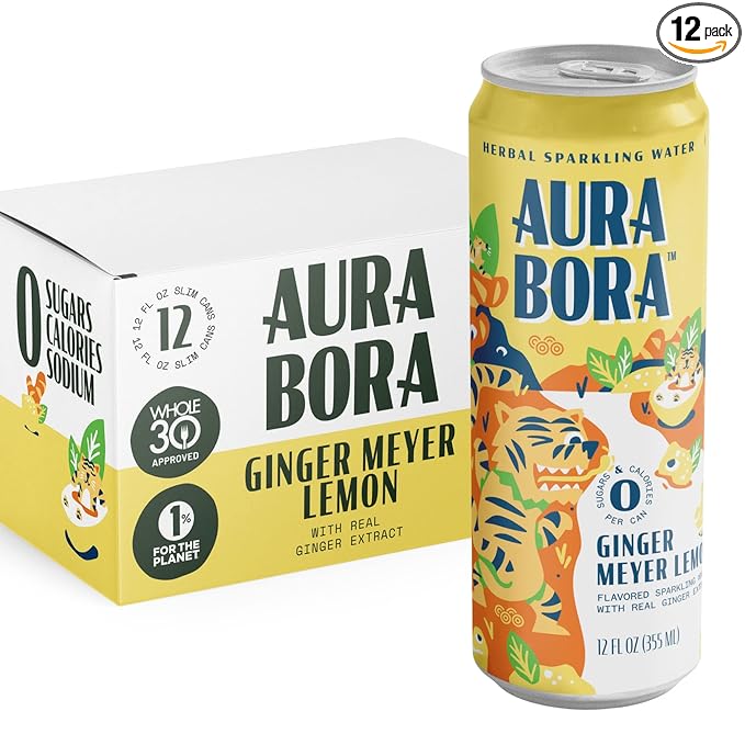 Aura Bora, Ginger Meyer Lemon Herbal Sparkling Water, 12 oz Can (Pack of 12), 0 Calories, 0 Sugar, 0 Sodium, Non-GMO