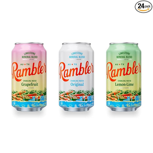 AUTX RAMBLER Variety Pack Sparkling Water, Limestone Mineral Blend, Original, Lemon Lime, Grapefruit, 12-Ounce Cans, 24-Pack