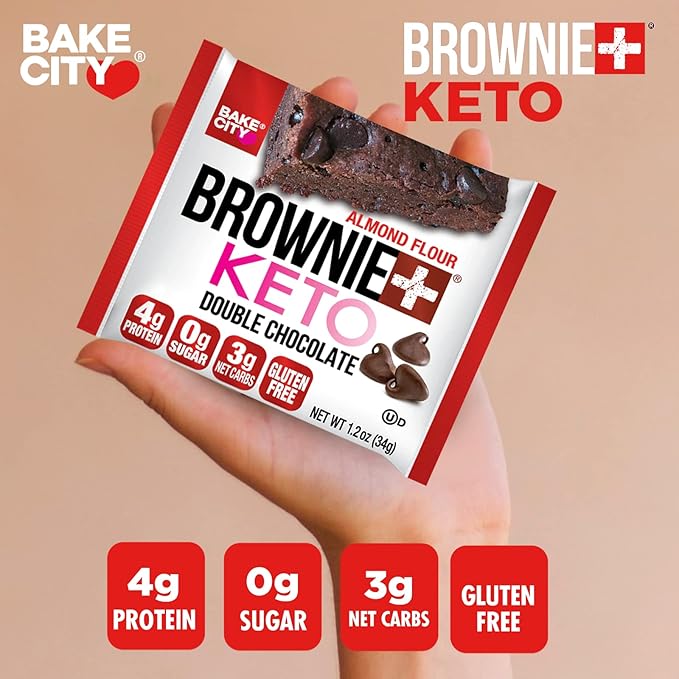 Bake City Brownie+ Keto | 1.2oz Brownie (12 pack), Gluten Free, 0g Sugar, Only 3g Net Carbs, Good Fats, 4g Protein, Kosher, No Artificial Ingredients