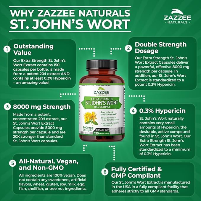 Zazzee Extra Strength St. John’s Wort 20:1 Extract, 8000 mg 0.3% Hypericin, 150 Vegan 5 Month 20X Extract, 100% Vegetarian,