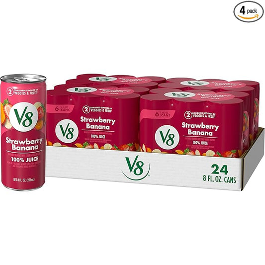 V8 Strawberry Banana 100% Fruit and Vegetable Juice, 8 fl oz Can (6 Pack) (Case of 4)