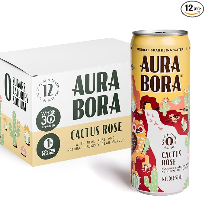 Aura Bora, Cactus Rose Herbal Sparkling Water, 12 oz Can (Pack of 12), 0 Calories, 0 Sugar, 0 Sodium, Non-GMO