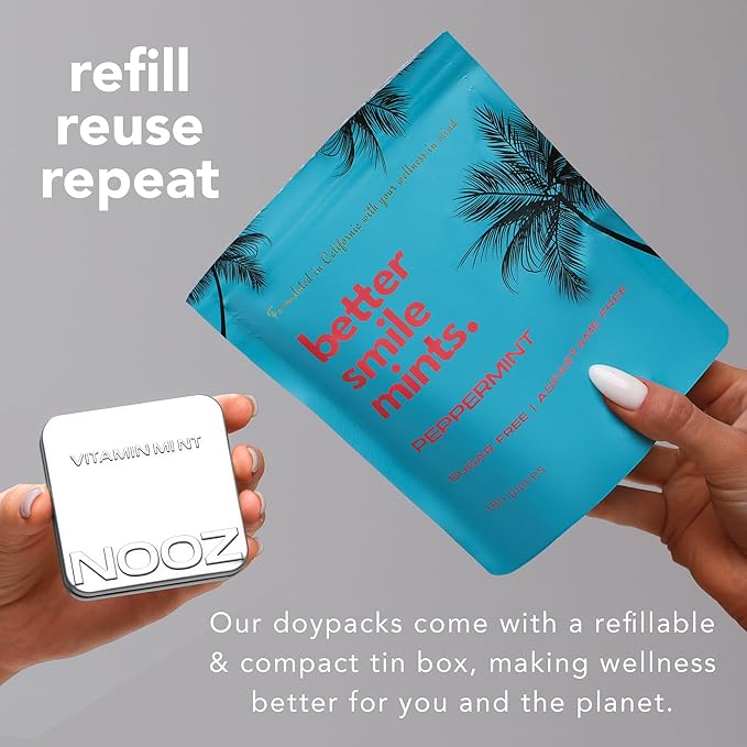 NOOZ Better Smile Mints - Oral Health Support & Fresh Breath-Peppermint Flavor | Sugar-Free, Aspartame-Free Mints for Teeth & Gum Protection - No Artificial Flavors or Sweeteners -180 Mints Refill Bag