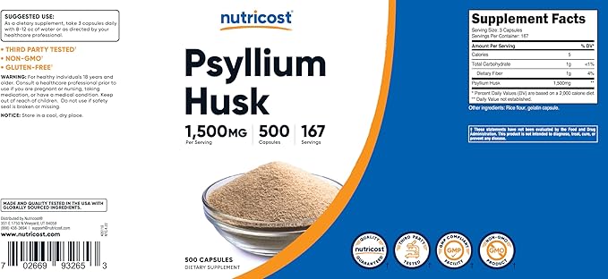 Nutricost Psyllium Husk 1500mg Per Serving, 500 Capsules