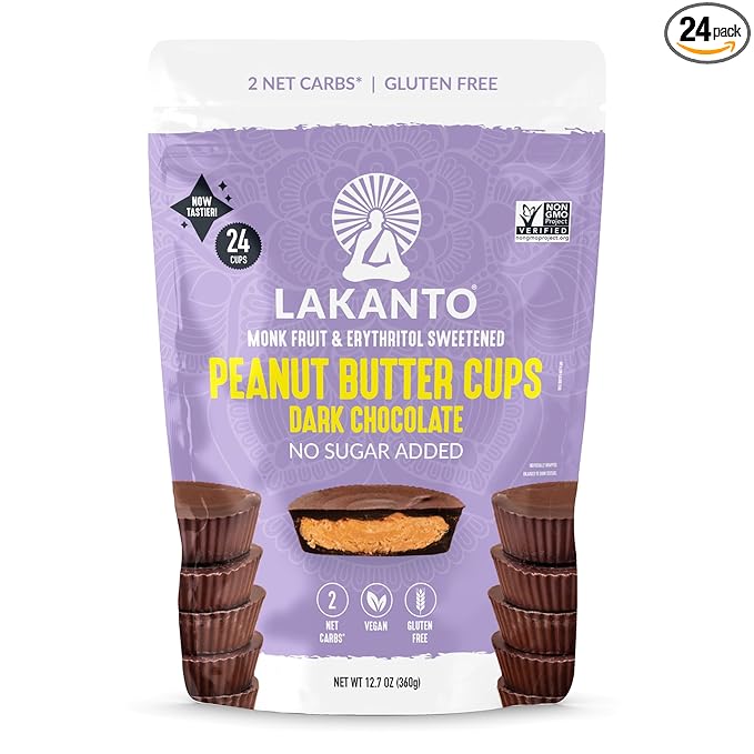 Lakanto Sugar Free Chocolate Peanut Butter Cups - Sweetened with Monk Fruit, On the Go, Gluten Free, Vegan, Keto Diet Friendly, 2g Net Carbs, Cocoa Butter, Nut Butter, Cacao (24 Cups - Pack of 1)