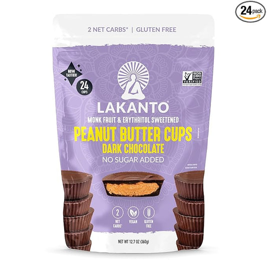 Lakanto Sugar Free Chocolate Peanut Butter Cups - Sweetened with Monk Fruit, On the Go, Gluten Free, Vegan, Keto Diet Friendly, 2g Net Carbs, Cocoa Butter, Nut Butter, Cacao (24 Cups - Pack of 1)