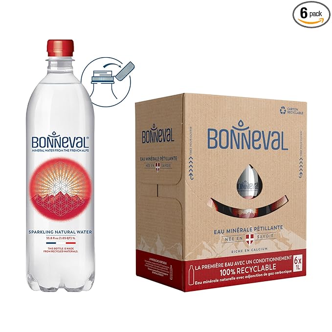 BONNEVAL Natural Sparkling Water. Mineral water from the French Alps. Recycled water bottles 6 pack, 33.8 FL OZ