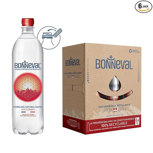 BONNEVAL Natural Sparkling Water. Mineral water from the French Alps. Recycled water bottles 6 pack, 33.8 FL OZ