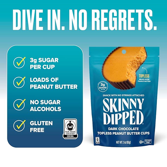 SkinnyDipped Uncovered Dark Chocolate Peanut Butter Cups, Healthy Snack, Plant Protein, Gluten Free, 3 oz Resealable Bags, Pack of 4