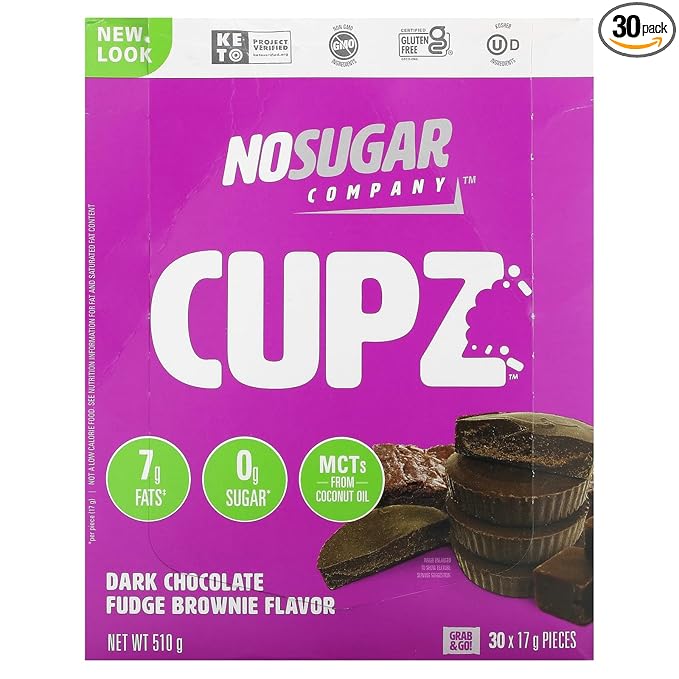 No Sugar Keto Cups, Dark Chocolate Fudge Brownie, 30 Cups - Diabetic safe treat, Low Net Carb (1g), Sugar Free (0g) Keto Fat Bomb Snacks with 7g Healthy Fat - Gluten Free, All Natural, Non-GMO
