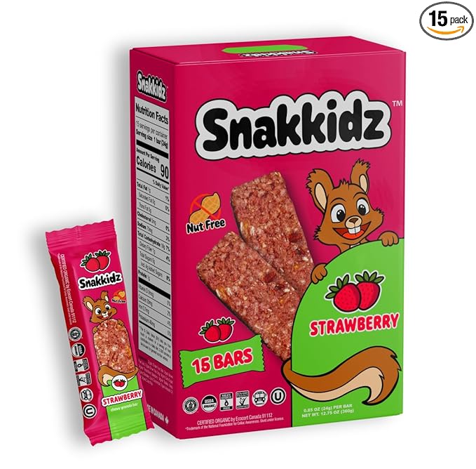 Snakkidz Organic Strawberry Chewy Granola Bar, 15 Count, Nut and Allergen Free, Low Sugar, Made with Avocado Oil