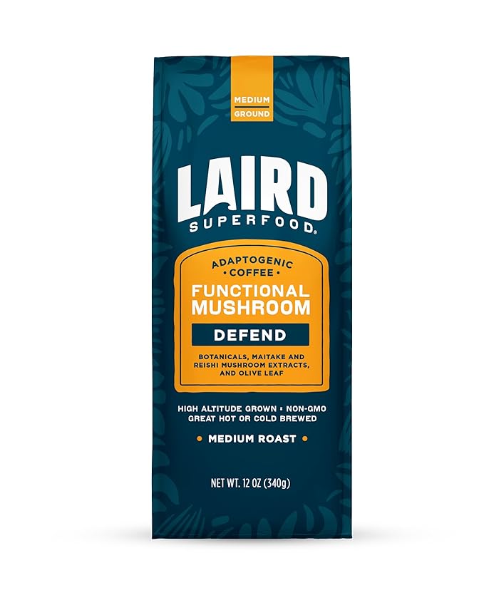 Laird Superfood Boost Coffee, Medium Roast Ground Beans Infused with Functional Mushrooms, Vitamin D and Olive Leaf Powder, 12 oz. Bag