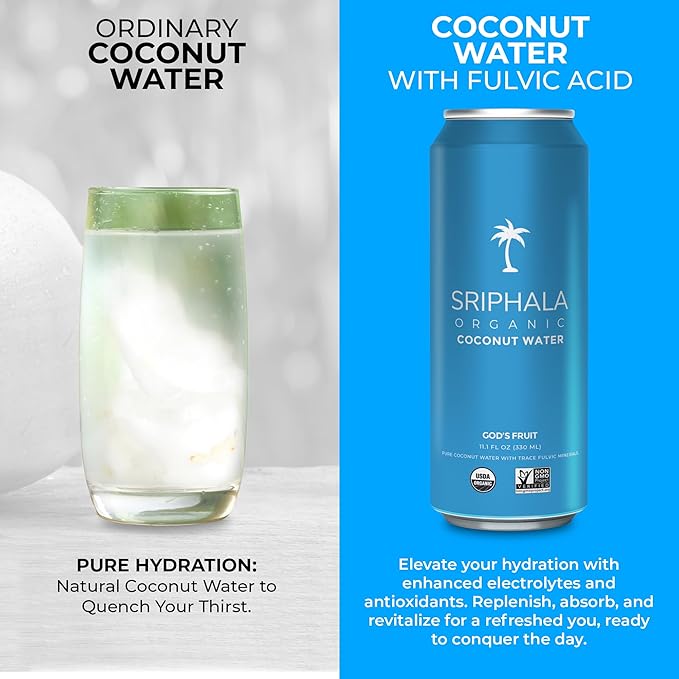 Sriphala Mineral Rich Nutritious Coconut Water Organic – with Fulvic Acid + Electrolyte Water – Non-GMO, Keto, Gluten-Free, No Sugar Added Tasteful Vitamin Water Energy Quench (133.2 Fl Oz,12-pack)