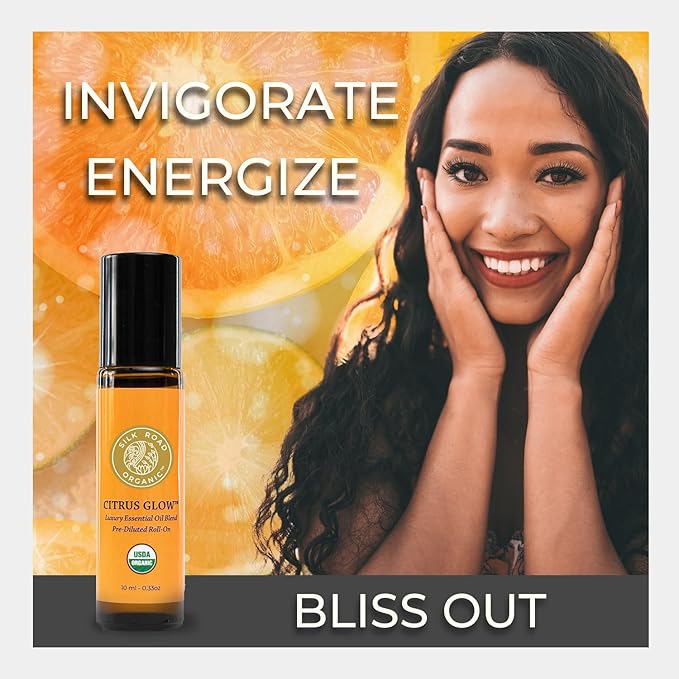 Organic Citrus Glow Essential Oil Revive Blend Roll On, 100% Pure USDA Certified Citrus & Vanilla - Uplifting, & Energizing - 10 ml Roller by Silk Road Organic - Always Pure, Always Organic