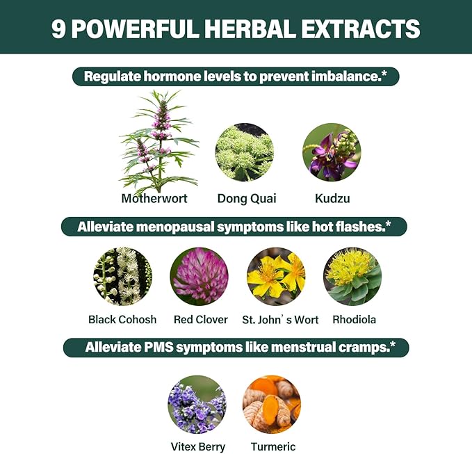 Motherwort Herb Hormonal Balance Drops for Women Support PMS & Menopause, Hot Flashes & Night Sweats Supplements with Dong Quai Red Clover Black Cohosh Extract, Alcohol-Free Tincture.2oz