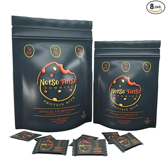 NotSo FatSo Yummies Chocolate Brownie Protein Bites - Low Sugar, Low Carb, High Fiber Snack - 4g Fiber, 2g Net Carbs - Healthy, Gluten-Free, Delicious Protein Snacks