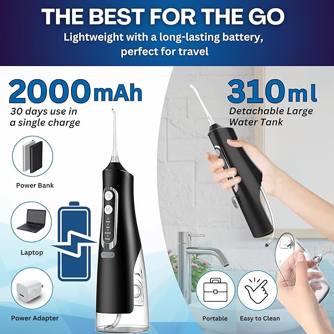 Dental Water Flosser Cordless, 310ML Electric 4 Cleaning 6 Replaceable IPX7 Waterproof (6 Tips)