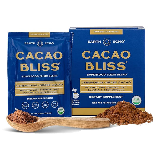 Earth Echo Cacao Bliss Travel-Sized Organic Superfood Powder with MCT Oil for Natural Energy, Reduced Cravings, and Boosted Mental Clarity, Dairy-Free, Gluten-Free, Keto-Friendly, 15 Servings