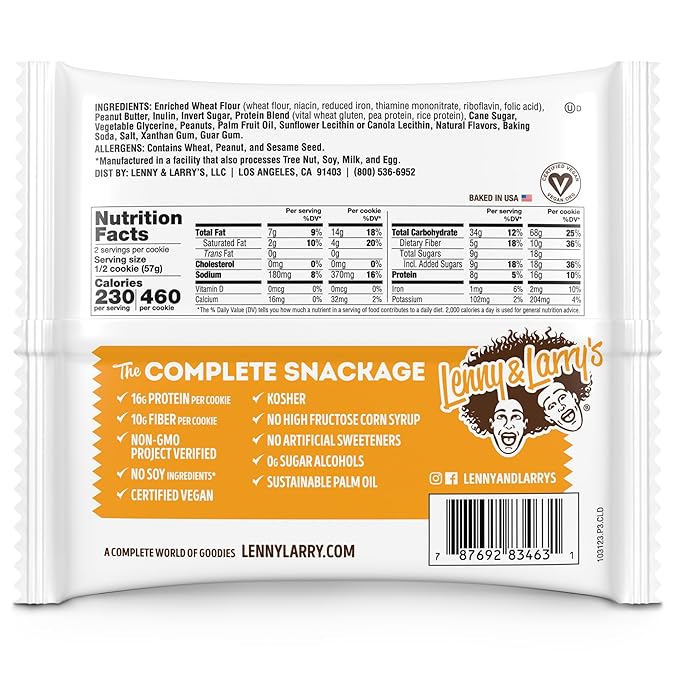 Lenny & Larry's The Complete Cookie, Peanut Butter, Soft Baked, 16g Plant Protein, Vegan, Non-GMO, 4 Ounce Cookie (Pack of 12)