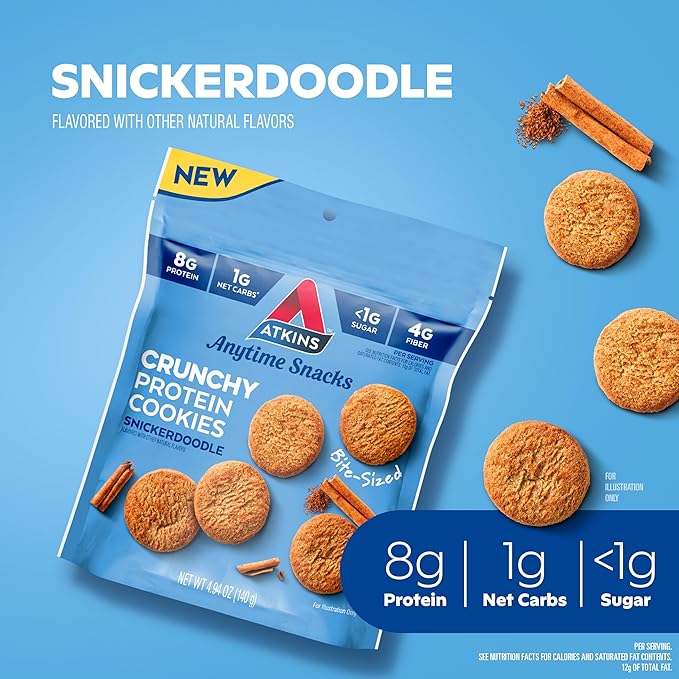 Atkins Bite-Sized Crunchy Protein Cookies, Snickerdoodle, 8g Protein, 4g Fiber, 1g Net Carb, 1g Sugar, Keto Friendly, 3 Bags (5 Servings Per Bag)