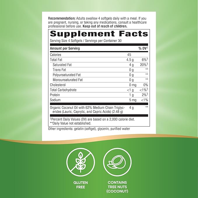 Nature's Way Coconut Oil, 62% MCTs, Hexane Free, 120 Softgels (Packaging May Vary)