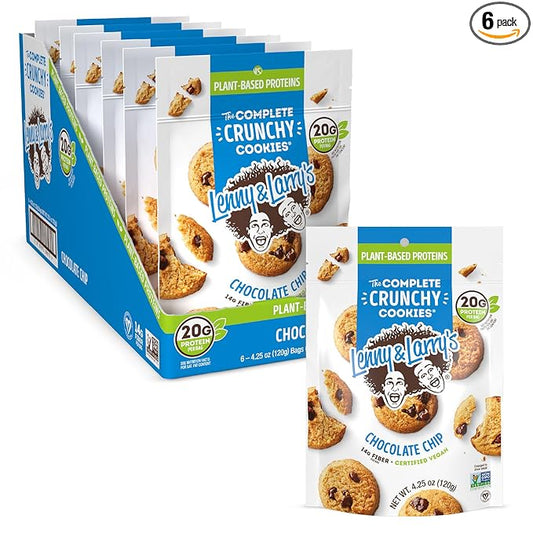 Lenny & Larry's The Complete Crunchy Cookie, Chocolate Chip, 6g Plant Protein, Vegan, Non-GMO, 4.25 Ounce Pouch (Pack of 6)