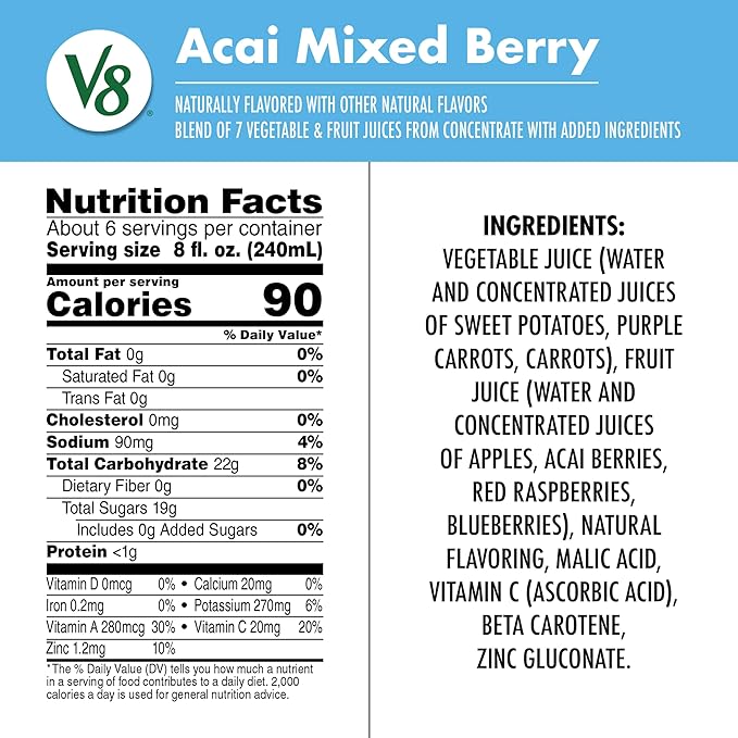 V8 Acai Mixed Berry 100% Fruit and Vegetable Juice, 46 fl oz Bottle (6 Pack)