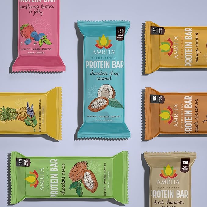 AMRITA Vegan Protein Bars Variety Pack (6 Flavors), |15g Plant