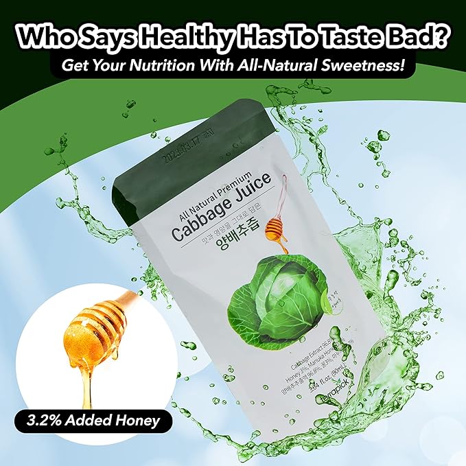 TerraPick Green Cabbage Juice Sweetened with Manuka Honey - Natural Cabbage Extract Juice Vegetable Juice Superfood (3.04 fl oz X 30 pouches)