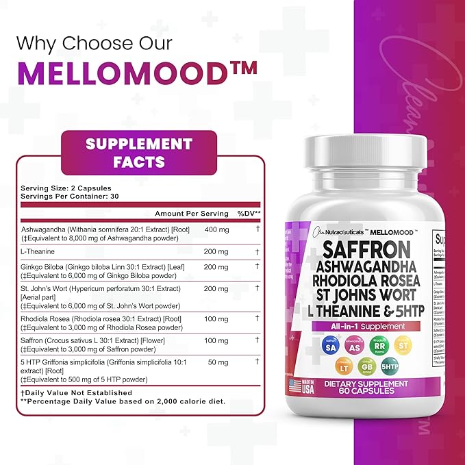 Clean Saffron Supplements with Ashwagandha 8000mg 200mg, Ginkgo 6000mg, St. 6000mg, Rhodiola 3000mg & 5-HTP 500mg 500mg -