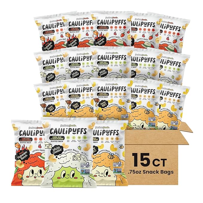 CauliPuffs Classic Variety Pack (Non-Vegan Box of 15, 0.75oz bags) - 5 bags each Honey BBQ, White Cheddar, Habanero Ranch