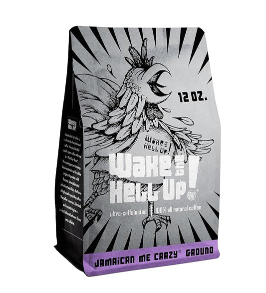Wake The Hell Up! 12oz Ultra-Caffeinated Jamaican Me Crazy Ground Coffee, Low Acid, Medium-Dark Roast