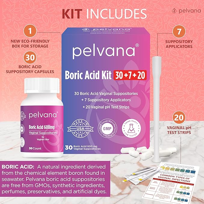 Pelvana Boric Acid Suppositories for Women 30 + 7 Applicators 20 pH 57 Piece