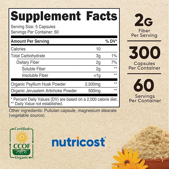 Nutricost Fiber Capsules with Prebiotic Fiber 300 Capsules 60 Servings, 2 G