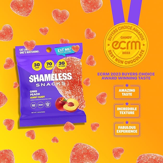 Shameless Snacks - Healthy Low Calorie Snacks, Low Carb Keto Gummies (Gluten Free) - 6 Pack OMG Peach