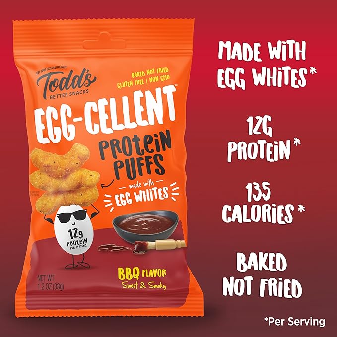 Todd's Better Snacks Egg-Cellent Protein Puffs, Sweet & Smoky BBQ, 1.2 Oz (Pack of 10), Made with Egg Whites, 12g Protein, Gluten Free Healthy Snack