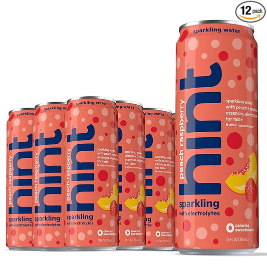 Hint Sparkling Water, Peach Raspberry - Canned Flavored Water Beverages with Electrolytes, Zero Calories, and Sugar Free - 12 Fl Oz Cans (Pack of 12)