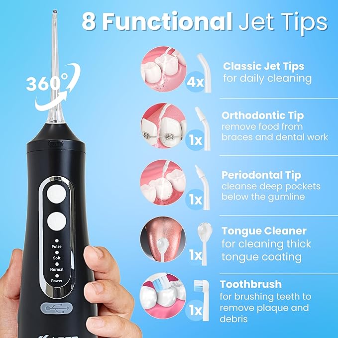 Dental Water Flosser Cordless, 310ML Electric 4 Cleaning 8 Replaceable IPX7 Waterproof (8 Tips)