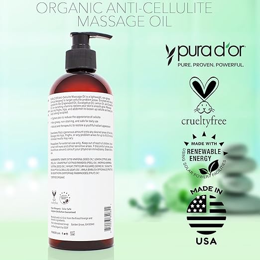 PURA D'OR 16 Oz Organic Anti-Cellulite Massage Oil for Toned Legs and Butt - Lemon Peel Oil, Moringa Oil, Grape Seed Oil, Grapefruit Oil & Eucalyptus Oil - Skin Firming & Tightening