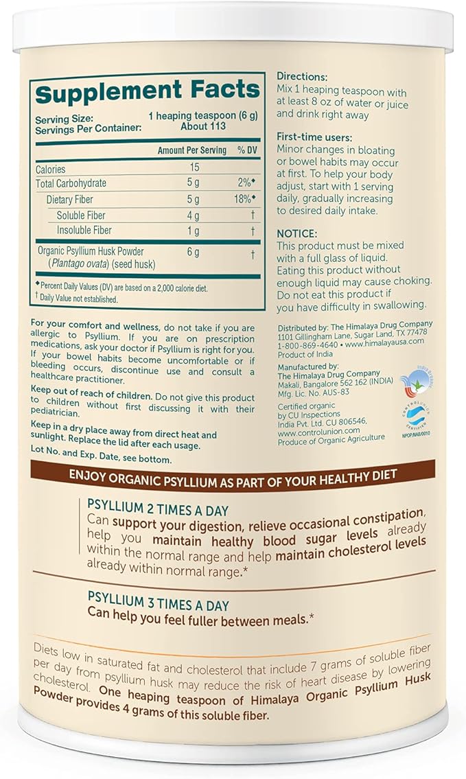 Himalaya Organic Psyllium Husk Powder, Daily 113 Teaspoon 24 Oz
